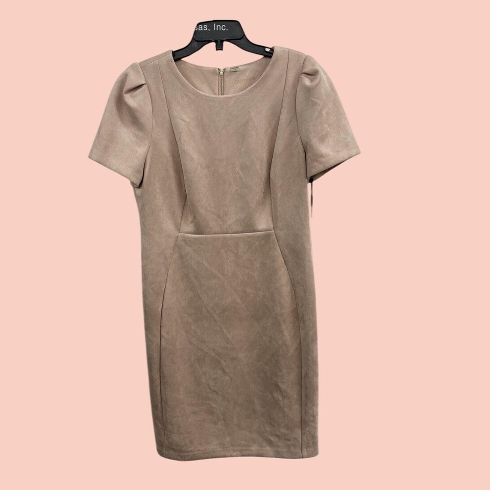 Calvin Klein Womens Faux Suede Short Puff Sleeve Sheath Dress Beige Tan Size 14
